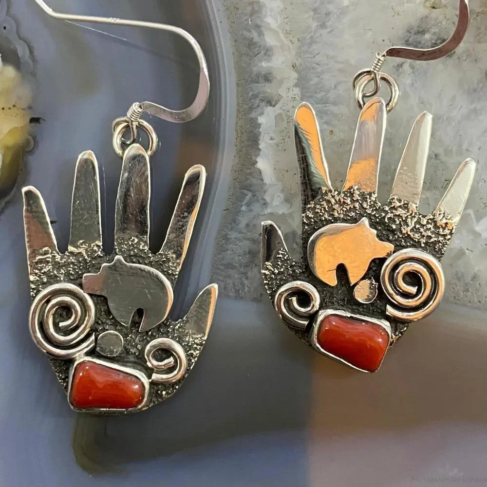 Alex Sanchez Sterling Silver Ancestors Hand Petroglyph W/Coral Dangle Earrings 2 - Picture 6 of 10